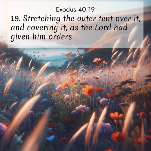 BasicEnglish Exodus  ; image nature: image with the bible verse :Stretching the outer tent over it, and covering it, as the Lord had given him orders. ; Admire Bible verse images featuring tranquil rivers, golden fields, and starry heavens. These free-to-download images make inspiring wallpapers or thoughtful gifts. Download KJV Exodus 40:19 now. Current verse is overlayed with the thematic nature scene : Summer wildflowers wave in the breeze on coastal bluffs. ; 40:19