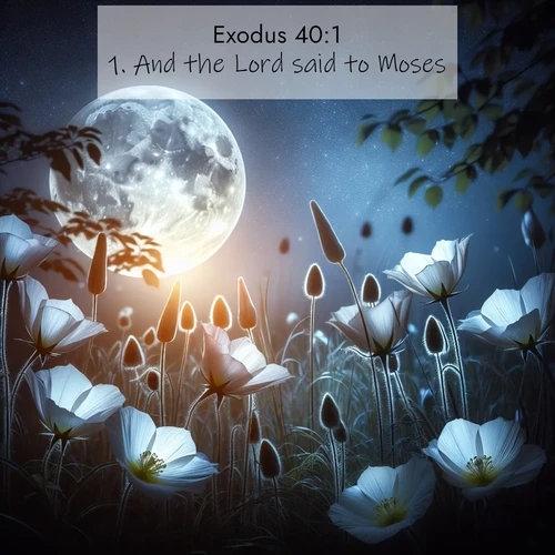 BasicEnglish Exodus  ; image nature: image with the bible verse :And the Lord said to Moses, ; Browse our collection of vibrant Bible verse images set against calming backdrops like tropical shores, quiet woods, and majestic mountains. Download free wallpapers featuring KJV Exodus 40:1. Current verse is overlayed with the thematic nature scene : Moonflowers open to the rising full moon. Night insects hum in harmony. ; 40:1