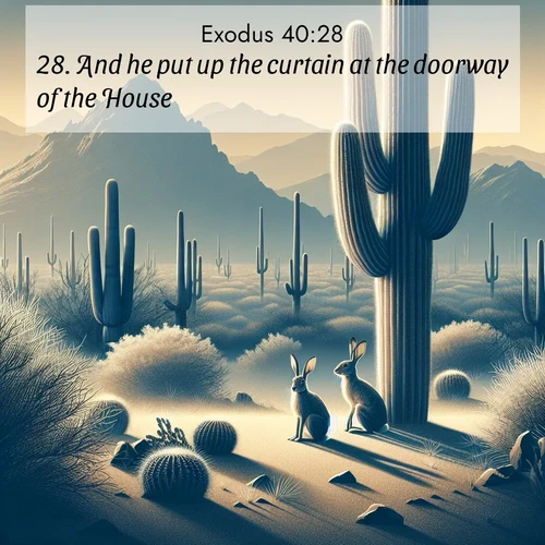 BasicEnglish Exodus  ; image nature: image with the bible verse :And he put up the curtain at the doorway of the House. ; Discover Bible images illustrated by desert landscapes, like sand dunes, majestic rocks, and starry skies. These images symbolize the grandeur and immensity of God&#039;s creation. Download verses like KJV Exodus 40:28. Current verse is overlayed with the thematic nature scene : Desert jackrabbits pause in saguaro shade. Heat waves distort distant peaks. ; 40:28