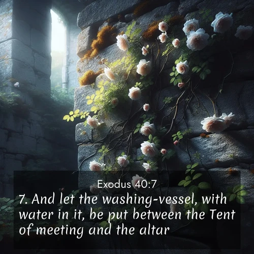 BasicEnglish Exodus  ; image nature: image with the bible verse :And let the washing-vessel, with water in it, be put between the Tent of meeting and the altar. ; Discover Bible verse images capturing the warmth of summer, with beach landscapes, sunlit fields, and clear skies. These bright scenes reflect divine joy. Share verses like KJV Exodus 40:7. Current verse is overlayed with the thematic nature scene : Wild roses climb abandoned stone walls. Time stands still in the secret garden. ; 40:7