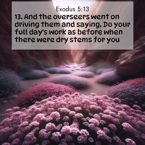 BasicEnglish Exodus  ; image nature: image with the bible verse :And the overseers went on driving them and saying, Do your full day&#039;s work as before when there were dry stems for you. ; Explore a gallery of beautiful Bible verse images with tranquil natural settings—perfect for phone backgrounds or inspirational posts. Download your favorite verses like KJV Exodus 5:13 today. Current verse is overlayed with the thematic nature scene : Desert verbena carpets hidden canyons. Flash flood waters carved these gardens. ; 5:13