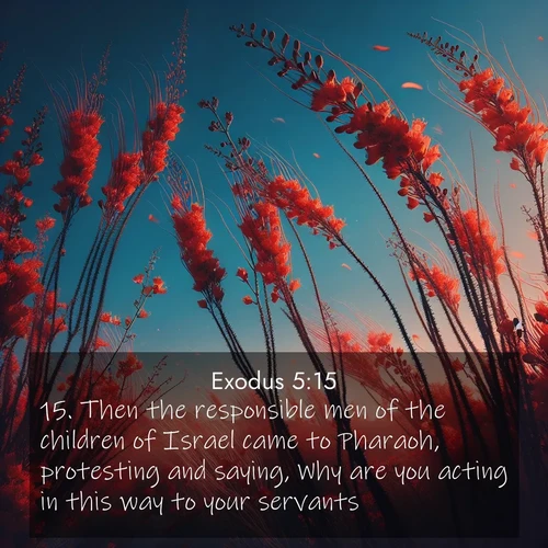 BasicEnglish Exodus  ; image nature: image with the bible verse :Then the responsible men of the children of Israel came to Pharaoh, protesting and saying, Why are you acting in this way to your servants? ; Explore winter-themed Bible verse images illustrated by snowy mountains, frost-covered branches, and clear skies. These landscapes reflect divine purity and peace. Download verses like KJV Exodus 5:15. Current verse is overlayed with the thematic nature scene : Desert ocotillo flames against blue sky. Wind sings through its scarlet blooms. ; 5:15