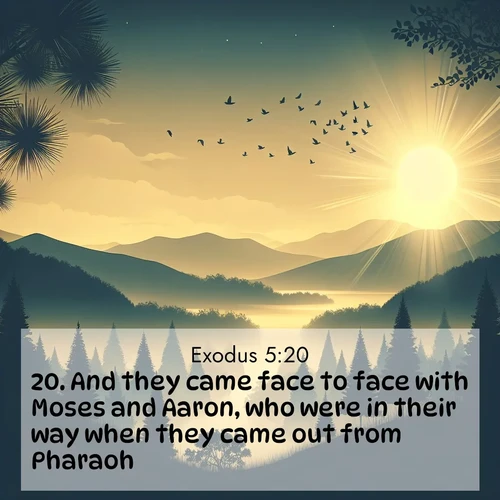 BasicEnglish Exodus  ; image nature: image with the bible verse :And they came face to face with Moses and Aaron, who were in their way when they came out from Pharaoh: ; Explore Bible verses combined with serene beach photos, desert dunes, and infinite skies, highlighting God&#039;s majesty in every landscape. Download and share inspiring verses like KJV Exodus 5:20. Current verse is overlayed with the thematic nature scene : Morning mist reveals hidden valleys. Birdsong heralds the dawn. ; 5:20