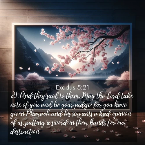 BasicEnglish Exodus  ; image nature: image with the bible verse :And they said to them, May the Lord take note of you and be your judge; for you have given Pharaoh and his servants a bad opinion of us, putting a sword in their hands for our destruction. ; Browse an inspiring gallery of Bible verse images with nature photos, such as blooming gardens, golden deserts, and shaded forests. The chosen images capture the peaceful and joyful essence of God&#039;s creation, with vibrant colors and harmonious fonts. Share verses like KJV Exodus 5:21. Current verse is overlayed with the thematic nature scene : Cherry blossoms swirl in a spring breeze. Their petals dust the surface of a still mountain pond. ; 5:21
