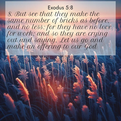 BasicEnglish Exodus  ; image nature: image with the bible verse :But see that they make the same number of bricks as before, and no less: for they have no love for work; and so they are crying out and saying, Let us go and make an offering to our God. ; Browse a large collection of Bible verse images with photos showcasing the splendor of nature. Scenes of peaceful rivers, verdant valleys, and radiant skies enhance the inspiring verses. Each image reflects the serenity and joy of God&#039;s creation, with elegant text fonts. Download and share verses such as KJV Exodus 5:8. Current verse is overlayed with the thematic nature scene : Winter sunrise illuminates frost-covered prairie grass. ; 5:8