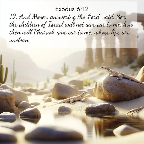 BasicEnglish Exodus  ; image nature: image with the bible verse :And Moses, answering the Lord, said, See, the children of Israel will not give ear to me; how then will Pharaoh give ear to me, whose lips are unclean? ; Download high-resolution Bible verse images showcasing the beauty of God&#039;s creation—from radiant sunsets to tranquil rivers. Free for use as wallpapers or sharing verses like KJV Exodus 6:12. Current verse is overlayed with the thematic nature scene : Desert lizards bask on sun-warmed rocks near ancient ruins. ; 6:12