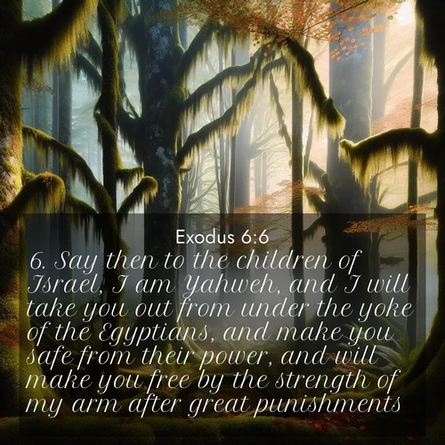 BasicEnglish Exodus  ; image nature: image with the bible verse :Say then to the children of Israel, I am Yahweh, and I will take you out from under the yoke of the Egyptians, and make you safe from their power, and will make you free by the strength of my arm after great punishments. ; Discover a gallery of Bible verse images showcasing the beauty of autumn, with golden leaves, red forests, and peaceful fields bathed in soft light. These soothing scenes are perfect for accompanying inspiring verses like KJV Exodus 6:6. Current verse is overlayed with the thematic nature scene : Autumn fog shrouds an old-growth forest draped in moss and lichen. ; 6:6
