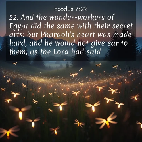 BasicEnglish Exodus  ; image nature: image with the bible verse :And the wonder-workers of Egypt did the same with their secret arts: but Pharaoh&#039;s heart was made hard, and he would not give ear to them, as the Lord had said. ; Explore Bible verses combined with serene beach photos, desert dunes, and infinite skies, highlighting God&#039;s majesty in every landscape. Download and share inspiring verses like KJV Exodus 7:22. Current verse is overlayed with the thematic nature scene : Lightning bugs rise from summer meadows at dusk. Their lights dance like earthbound stars. ; 7:22