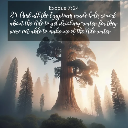 BasicEnglish Exodus  ; image nature: image with the bible verse :And all the Egyptians made holes round about the Nile to get drinking-water, for they were not able to make use of the Nile water. ; Explore a spring collection of Bible images, with landscapes of green hills, wildflowers, and crystal-clear streams. These images symbolize the blossoming of God&#039;s creation. Download verses like KJV Exodus 7:24. Current verse is overlayed with the thematic nature scene : A giant sequoia reaches through morning fog. Centuries of growth stretch skyward in silent majesty. ; 7:24