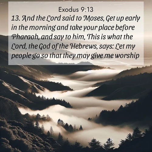 BasicEnglish Exodus  ; image nature: image with the bible verse :And the Lord said to Moses, Get up early in the morning and take your place before Pharaoh, and say to him, This is what the Lord, the God of the Hebrews, says: Let my people go so that they may give me worship. ; Explore a spring collection of Bible images, with landscapes of green hills, wildflowers, and crystal-clear streams. These images symbolize the blossoming of God&#039;s creation. Download verses like KJV Exodus 9:13. Current verse is overlayed with the thematic nature scene : Coastal fog rolls inland through gaps in seaside hills. ; 9:13