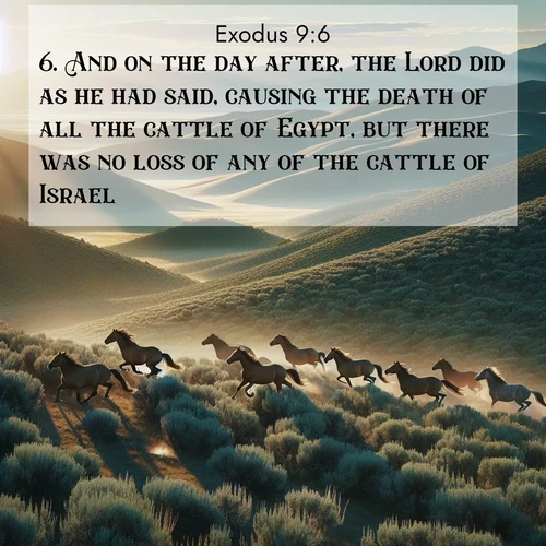 BasicEnglish Exodus  ; image nature: image with the bible verse :And on the day after, the Lord did as he had said, causing the death of all the cattle of Egypt, but there was no loss of any of the cattle of Israel. ; Discover a rich selection of Bible verse images illustrated by natural landscapes like tranquil beaches, golden fields, and majestic trees. These images aim to capture the peace and beauty of God&#039;s creation, with vibrant colors and varied typography. Download and share inspiring verses like KJV Exodus 9:6. Current verse is overlayed with the thematic nature scene : Wild mustangs gallop across sage-covered hills in the morning light. ; 9:6