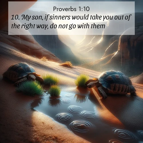 BasicEnglish Proverbs  ; image nature: image with the bible verse :My son, if sinners would take you out of the right way, do not go with them. ; Explore Bible verses paired with beach photos, where waves gently crash on the sand and the sky glows with pastel hues at sunset. These scenes convey deep serenity. Download verses like KJV Proverbs 1:10. Current verse is overlayed with the thematic nature scene : Desert tortoises emerge after summer rains. Thunder echoes through hidden canyons. ; 1:10