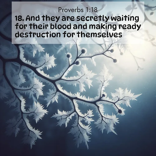 BasicEnglish Proverbs  ; image nature: image with the bible verse :And they are secretly waiting for their blood and making ready destruction for themselves. ; Admire Bible images representing autumn, with swirling leaves, misty skies, and vibrant trees. These images inspire profound spiritual reflection. Download and share verses like KJV Proverbs 1:18. Current verse is overlayed with the thematic nature scene : Winter frost coats bare branches in delicate crystal. ; 1:18
