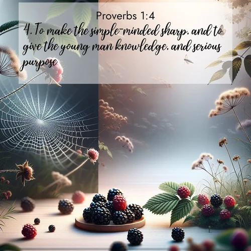 BasicEnglish Proverbs  ; image nature: image with the bible verse :To make the simple-minded sharp, and to give the young man knowledge, and serious purpose: ; Admire Bible images evoking autumn, with warm colors of fallen leaves, harvested fields, and tranquil woods. These inspiring landscapes reflect the transition and beauty of God&#039;s creation. Download verses like KJV Proverbs 1:4. Current verse is overlayed with the thematic nature scene : Wild blackberries ripen in secret hollows. Morning spider webs catch dew like diamonds. ; 1:4