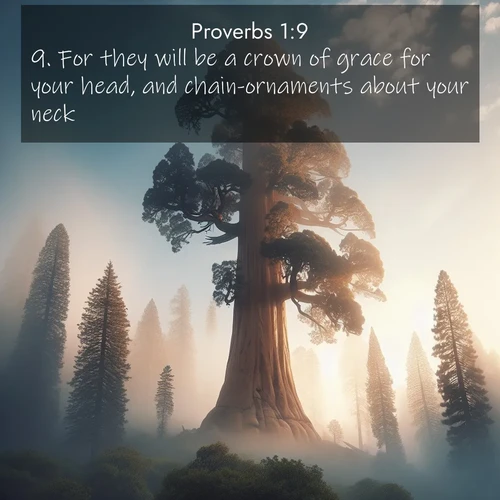 BasicEnglish Proverbs  ; image nature: image with the bible verse :For they will be a crown of grace for your head, and chain-ornaments about your neck. ; Explore a collection of inspiring Bible verse images accompanied by winter photos, such as snowy landscapes, frosted trees, and frozen lakes. These images reflect the peace and purity of God&#039;s creation, with elegant fonts and luminous colors. Download and share verses like KJV Proverbs 1:9. Current verse is overlayed with the thematic nature scene : A giant sequoia reaches through morning fog. Centuries of growth stretch skyward in silent majesty. ; 1:9