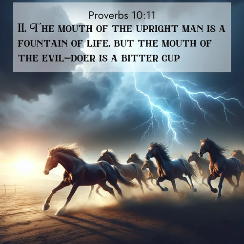 BasicEnglish Proverbs  ; image nature: image with the bible verse :The mouth of the upright man is a fountain of life, but the mouth of the evil-doer is a bitter cup. ; Discover Bible images capturing the splendor of deserts, with golden dunes, vast skies, and peaceful oases. These landscapes highlight the grandeur and serenity of God&#039;s creation. Share verses like KJV Proverbs 10:11. Current verse is overlayed with the thematic nature scene : Wild horses race approaching storms. Lightning illuminates their power. ; 10:11