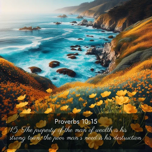 BasicEnglish Proverbs  ; image nature: image with the bible verse :The property of the man of wealth is his strong town: the poor man&#039;s need is his destruction. ; Explore a rich collection of Bible verse images beautifully illustrated by natural landscapes, such as colorful skies, towering mountains, and tranquil rivers. The images highlight the serenity of God&#039;s creation with vivid tones and carefully chosen typography. Download and share inspiring verses like KJV Proverbs 10:15. Current verse is overlayed with the thematic nature scene : Wild mustard flowers carpet coastal cliffs. Pacific waves provide endless percussion below. ; 10:15
