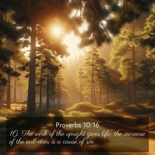 BasicEnglish Proverbs  ; image nature: image with the bible verse :The work of the upright gives life: the increase of the evil-doer is a cause of sin. ; Explore free Bible verse images with stunning nature themes, including sunlit paths, forest clearings, and endless horizons. Perfect for desktop backgrounds or phone wallpapers. Verses include KJV Proverbs 10:16. Current verse is overlayed with the thematic nature scene : Summer heat brings out the scent of pine needles. ; 10:16
