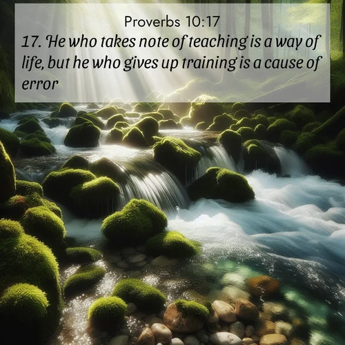 BasicEnglish Proverbs  ; image nature: image with the bible verse :He who takes note of teaching is a way of life, but he who gives up training is a cause of error. ; Admire Bible images representing autumn, with swirling leaves, misty skies, and vibrant trees. These images inspire profound spiritual reflection. Download and share verses like KJV Proverbs 10:17. Current verse is overlayed with the thematic nature scene : A mountain stream tumbles through moss-covered stones. Sunlight dapples the crystal-clear water. ; 10:17