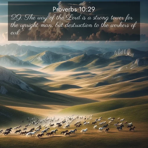 BasicEnglish Proverbs  ; image nature: image with the bible verse :The way of the Lord is a strong tower for the upright man, but destruction to the workers of evil. ; Explore Bible verses paired with beach photos, where waves gently crash on the sand and the sky glows with pastel hues at sunset. These scenes convey deep serenity. Download verses like KJV Proverbs 10:29. Current verse is overlayed with the thematic nature scene : Wild horses gallop across a high mountain plateau. Storm clouds gather ominously on the horizon. ; 10:29