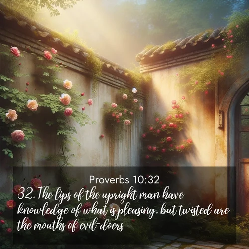 BasicEnglish Proverbs  ; image nature: image with the bible verse :The lips of the upright man have knowledge of what is pleasing, but twisted are the mouths of evil-doers. ; Browse beautiful Bible verse images accompanied by peaceful scenes like calm seas, ancient forests, and radiant horizons. Download high-quality, free images featuring verses such as KJV Proverbs 10:32. Current verse is overlayed with the thematic nature scene : Wild roses climb abandoned walls. Time stands still in secret gardens. ; 10:32