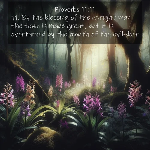 BasicEnglish Proverbs  ; image nature: image with the bible verse :By the blessing of the upright man the town is made great, but it is overturned by the mouth of the evil-doer. ; Download Bible verse images featuring vibrant photos of nature, from snowy landscapes to golden deserts. These free images are perfect for phone wallpapers, desktop backgrounds, or sharing. Verses include KJV Proverbs 11:11. Current verse is overlayed with the thematic nature scene : Wild orchids bloom in forest shade. Filtered light reveals their grace. ; 11:11