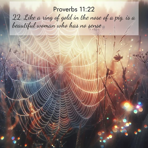BasicEnglish Proverbs  ; image nature: image with the bible verse :Like a ring of gold in the nose of a pig, is a beautiful woman who has no sense. ; Discover a unique collection of Bible verses adorned with winter landscapes, such as snow-covered forests, gently falling snowflakes, and pristine mountains. These images evoke the peace and purity of God&#039;s creation. Share verses like KJV Proverbs 11:22. Current verse is overlayed with the thematic nature scene : Morning fog reveals spider web galaxies. Dew drops catch rainbow light. ; 11:22