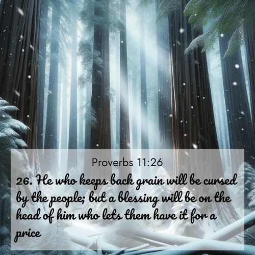 BasicEnglish Proverbs  ; image nature: image with the bible verse :He who keeps back grain will be cursed by the people; but a blessing will be on the head of him who lets them have it for a price. ; Admire Bible verse images capturing the beauty of beaches, with turquoise waters, palm trees, and peaceful shores. These soothing scenes reflect God&#039;s serenity and majesty. Download and share verses like KJV Proverbs 11:26. Current verse is overlayed with the thematic nature scene : Snow falls silently on ancient redwoods. Shafts of light pierce through to illuminate the forest floor. ; 11:26