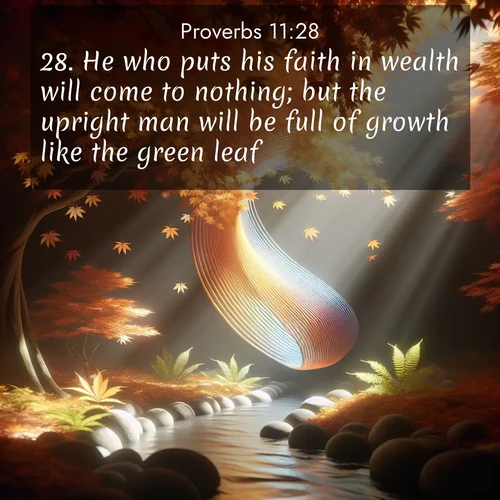 BasicEnglish Proverbs  ; image nature: image with the bible verse :He who puts his faith in wealth will come to nothing; but the upright man will be full of growth like the green leaf. ; Discover beautiful Bible verse images enriched with natural landscapes, from serene beaches to cascading waterfalls. All images are free and ready to download. Share verses such as KJV Proverbs 11:28. Current verse is overlayed with the thematic nature scene : Autumn leaves spiral through shafts of light. A hidden stream provides gentle music. ; 11:28