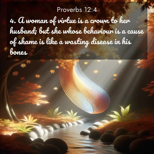 BBE Proverbs 12:4 overlaying nature image scene: Autumn leaves spiral through shafts of light. A hidden stream provides gentle music.;4. A woman of virtue is a crown to her husband; but she whose behaviour is a cause of shame is like a wasting disease in his bones.
