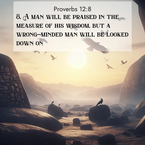 BBE Proverbs 12:8 overlaying nature image scene: Desert petroglyphs tell ancient stories. Ravens soar past wearing shadows for wings.;8. A man will be praised in the measure of his wisdom, but a wrong-minded man will be looked down on.