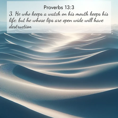 BasicEnglish Proverbs  ; image nature: image with the bible verse :He who keeps a watch on his mouth keeps his life; but he whose lips are open wide will have destruction. ; Discover Bible images capturing the essence of autumn, with wooded paths, golden fields, and swirling leaves. These scenes reflect the changing beauty of God&#039;s creation. Download verses like KJV Proverbs 13:3. Current verse is overlayed with the thematic nature scene : Sand dunes ripple to the horizon like frozen waves. Wind erases all traces of life from their surfaces. ; 13:3
