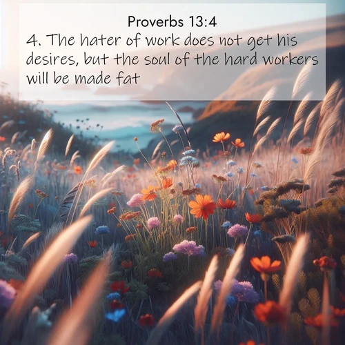 BasicEnglish Proverbs  ; image nature: image with the bible verse :The hater of work does not get his desires, but the soul of the hard workers will be made fat. ; Browse our collection of Bible verses paired with captivating photos of God’s creation, like crystal-clear lakes, majestic cliffs, and colorful skies. All images are free for download and sharing. Verse examples include KJV Proverbs 13:4. Current verse is overlayed with the thematic nature scene : Summer wildflowers wave in the breeze on coastal bluffs. ; 13:4