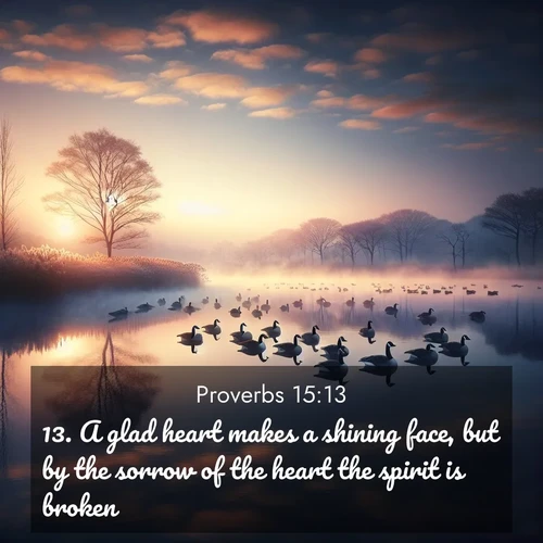 BasicEnglish Proverbs  ; image nature: image with the bible verse :A glad heart makes a shining face, but by the sorrow of the heart the spirit is broken. ; Admire our gallery of Bible verse images showcasing divine beauty in nature—whether snowy peaks or serene oceans. Each image is freely downloadable and perfect for personal or spiritual use. Share verses like KJV Proverbs 15:13. Current verse is overlayed with the thematic nature scene : Wild geese rest on still waters. Dawn mist rises like dreams. ; 15:13