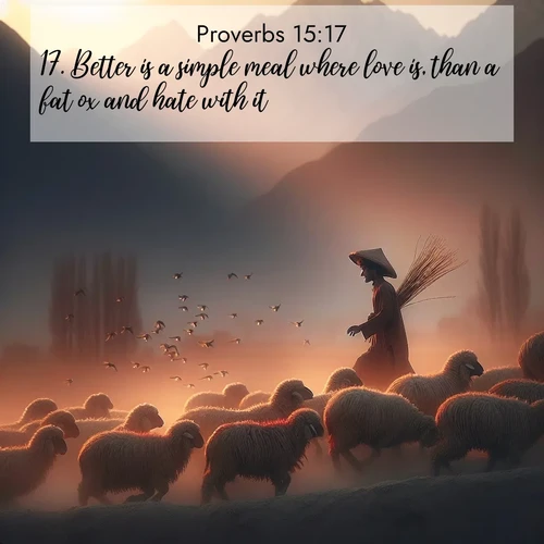 BasicEnglish Proverbs  ; image nature: image with the bible verse :Better is a simple meal where love is, than a fat ox and hate with it. ; Admire our free collection of Bible verse images with beautiful landscapes like sunlit forests, rippling waters, and radiant dawns. Each verse, such as KJV Proverbs 15:17, is ready to download and share. Current verse is overlayed with the thematic nature scene : A shepherd guides his flock home. Sunset paints wool golden red. ; 15:17