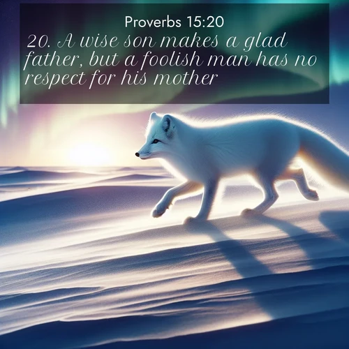 BasicEnglish Proverbs  ; image nature: image with the bible verse :A wise son makes a glad father, but a foolish man has no respect for his mother. ; Admire stunning Bible verse images paired with photos of peaceful landscapes, such as foggy mornings, serene rivers, and blooming gardens. Download these free images and share verses like KJV Proverbs 15:20. Current verse is overlayed with the thematic nature scene : An arctic fox hunts across windswept tundra. Northern lights paint its white coat in pastels. ; 15:20