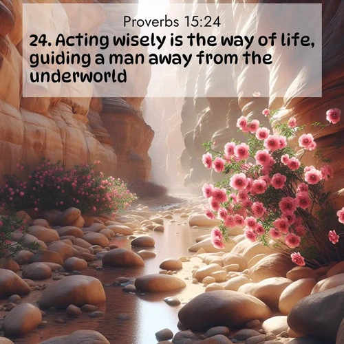 BasicEnglish Proverbs  ; image nature: image with the bible verse :Acting wisely is the way of life, guiding a man away from the underworld. ; Discover our unique collection of Bible verse images integrated with photos showcasing the majesty of nature, such as rocky mountains, ancient trees, and crystal-clear lakes. These images feature luminous colors and text in varied fonts, reflecting the harmony of God&#039;s creation. Download verses like KJV Proverbs 15:24. Current verse is overlayed with the thematic nature scene : Desert roses bloom in a hidden canyon after rare rainfall. Their pink petals contrast against weathered sandstone walls. ; 15:24