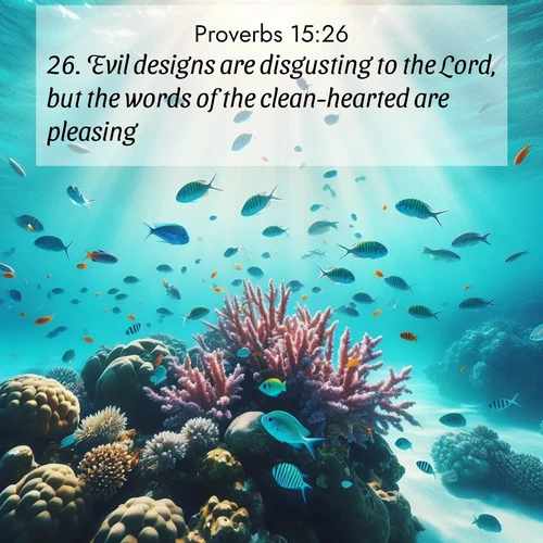 BasicEnglish Proverbs  ; image nature: image with the bible verse :Evil designs are disgusting to the Lord, but the words of the clean-hearted are pleasing. ; Browse a vast collection of Bible verse images featuring awe-inspiring landscapes such as calm lakes, vibrant sunsets, and peaceful fields. Download them for free and enjoy verses like KJV Proverbs 15:26. Current verse is overlayed with the thematic nature scene : Tropical fish dart through coral reefs in crystal-clear waters. ; 15:26