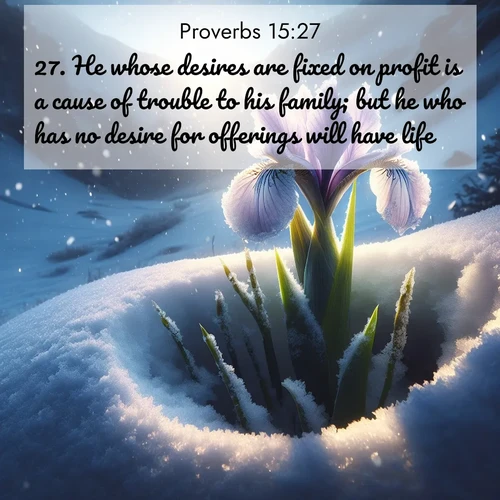 BasicEnglish Proverbs  ; image nature: image with the bible verse :He whose desires are fixed on profit is a cause of trouble to his family; but he who has no desire for offerings will have life. ; Explore a collection of Bible verses paired with springtime scenes, featuring blooming flowers, lush meadows, and trees in full bloom. These images symbolize divine renewal and hope. Download inspiring verses like KJV Proverbs 15:27. Current verse is overlayed with the thematic nature scene : Wild iris breaks through spring snow. Alpine light ignites petals. ; 15:27
