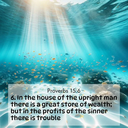 BasicEnglish Proverbs  ; image nature: image with the bible verse :In the house of the upright man there is a great store of wealth; but in the profits of the sinner there is trouble. ; Browse our collection of Bible verses paired with captivating photos of God’s creation, like crystal-clear lakes, majestic cliffs, and colorful skies. All images are free for download and sharing. Verse examples include KJV Proverbs 15:6. Current verse is overlayed with the thematic nature scene : Reef fish swirl in perfect formation through crystal waters. Sunlight creates shifting patterns on white sand below. ; 15:6