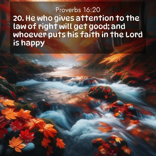 BasicEnglish Proverbs  ; image nature: image with the bible verse :He who gives attention to the law of right will get good; and whoever puts his faith in the Lord is happy. ; Explore a gallery of beautiful Bible verse images with tranquil natural settings—perfect for phone backgrounds or inspirational posts. Download your favorite verses like KJV Proverbs 16:20 today. Current verse is overlayed with the thematic nature scene : Autumn leaves swirl in eddies along a mountain stream. ; 16:20