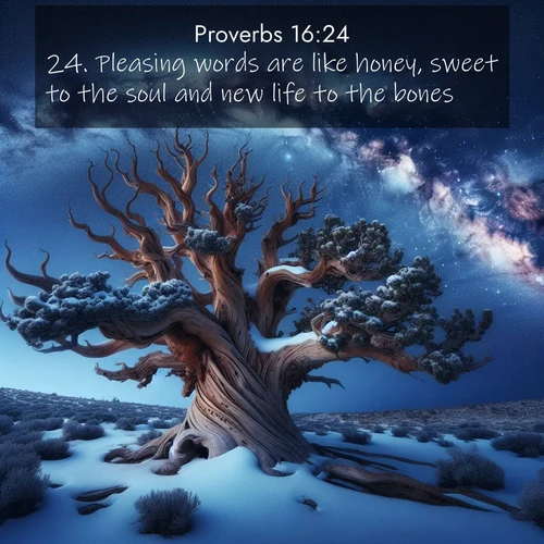 BasicEnglish Proverbs  ; image nature: image with the bible verse :Pleasing words are like honey, sweet to the soul and new life to the bones. ; Discover Bible images capturing the splendor of deserts, with golden dunes, vast skies, and peaceful oases. These landscapes highlight the grandeur and serenity of God&#039;s creation. Share verses like KJV Proverbs 16:24. Current verse is overlayed with the thematic nature scene : Ancient bristlecone pine twists against a navy twilight sky, its gnarled branches laden with fresh snow. The Milky Way arcs overhead in crystalline clarity. ; 16:24