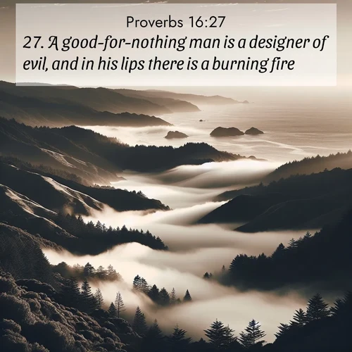 BasicEnglish Proverbs  ; image nature: image with the bible verse :A good-for-nothing man is a designer of evil, and in his lips there is a burning fire. ; Explore our vast collection of images featuring beautifully illustrated Bible verses accompanied by nature photos. Discover inspiring and motivating verses paired with soothing landscapes, like shimmering lakes, majestic mountains, and lush forests. Our images highlight the peaceful beauty of God&#039;s creation with vibrant colors and varied fonts. Download and share verse images like KJV Proverbs 16:27. Current verse is overlayed with the thematic nature scene : Coastal fog rolls inland through gaps in seaside hills. ; 16:27
