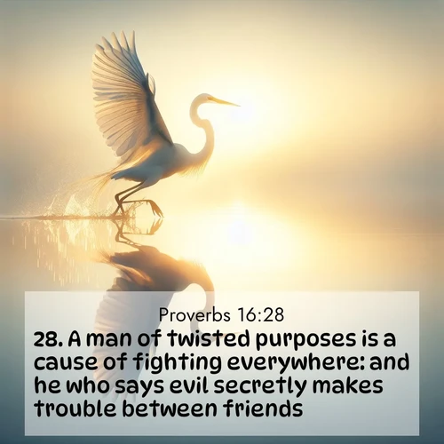 BasicEnglish Proverbs  ; image nature: image with the bible verse :A man of twisted purposes is a cause of fighting everywhere: and he who says evil secretly makes trouble between friends. ; Discover Bible images capturing the essence of autumn, with wooded paths, golden fields, and swirling leaves. These scenes reflect the changing beauty of God&#039;s creation. Download verses like KJV Proverbs 16:28. Current verse is overlayed with the thematic nature scene : A great egret lifts from mirror-still water. Sunrise sets its wings ablaze. ; 16:28