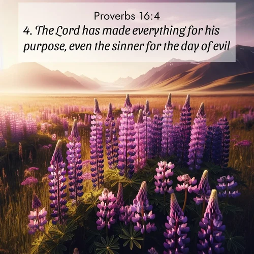 BasicEnglish Proverbs  ; image nature: image with the bible verse :The Lord has made everything for his purpose, even the sinner for the day of evil. ; Download inspiring Bible verse images featuring stunning natural vistas, from tropical islands to rolling hills. These free images make perfect wallpapers or gifts. Share verses like KJV Proverbs 16:4. Current verse is overlayed with the thematic nature scene : Wild lupines paint purple meadows. Snow lingers on distant peaks. ; 16:4