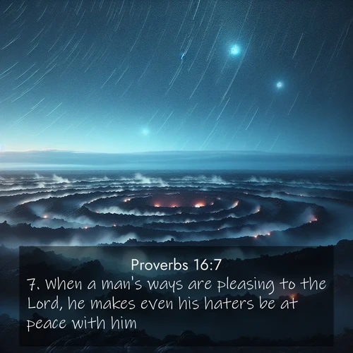BasicEnglish Proverbs  ; image nature: image with the bible verse :When a man&#039;s ways are pleasing to the Lord, he makes even his haters be at peace with him. ; Discover our unique collection of Bible verse images integrated with photos showcasing the majesty of nature, such as rocky mountains, ancient trees, and crystal-clear lakes. These images feature luminous colors and text in varied fonts, reflecting the harmony of God&#039;s creation. Download verses like KJV Proverbs 16:7. Current verse is overlayed with the thematic nature scene : Volcanic steam rises through a field of black lava. Stars wheel overhead in the thin air. ; 16:7