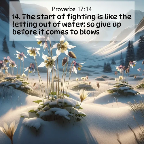BasicEnglish Proverbs  ; image nature: image with the bible verse :The start of fighting is like the letting out of water: so give up before it comes to blows. ; Discover a unique collection of Bible verses adorned with winter landscapes, such as snow-covered forests, gently falling snowflakes, and pristine mountains. These images evoke the peace and purity of God&#039;s creation. Share verses like KJV Proverbs 17:14. Current verse is overlayed with the thematic nature scene : Wild columbines nod in alpine breeze. Glacier lilies dot snowy meadows. ; 17:14