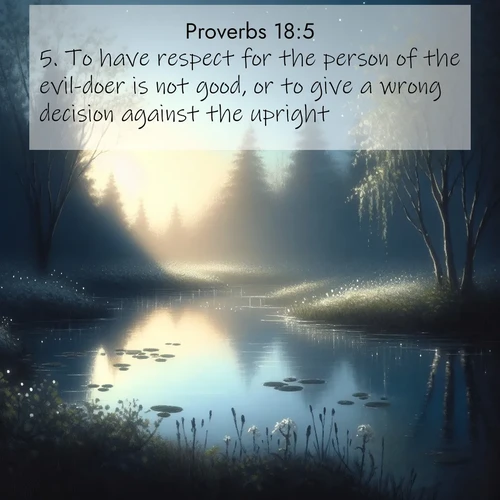 BasicEnglish Proverbs  ; image nature: image with the bible verse :To have respect for the person of the evil-doer is not good, or to give a wrong decision against the upright. ; Browse our collection of vibrant Bible verse images set against calming backdrops like tropical shores, quiet woods, and majestic mountains. Download free wallpapers featuring KJV Proverbs 18:5. Current verse is overlayed with the thematic nature scene : Spring peepers call from a pond reflecting the first evening stars. ; 18:5