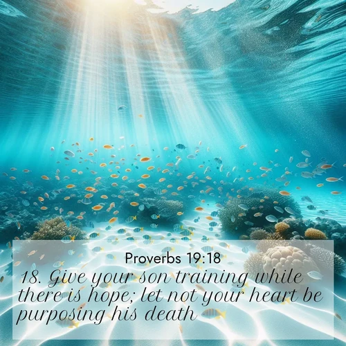 BBE Proverbs 19:18 overlaying nature image scene: Reef fish swirl in perfect formation through crystal waters. Sunlight creates shifting patterns on white sand below.;18. Give your son training while there is hope; let not your heart be purposing his death.
