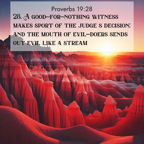 BasicEnglish Proverbs  ; image nature: image with the bible verse :A good-for-nothing witness makes sport of the judge&#039;s decision: and the mouth of evil-doers sends out evil like a stream. ; Browse high-resolution Bible verse images featuring stunning nature photography, such as radiant sunsets, tranquil rivers, and blooming fields. Perfect for wallpapers or sharing on social media. Download KJV Proverbs 19:28. Current verse is overlayed with the thematic nature scene : Wind-carved hoodoos stand like sentinels in the painted desert. Their red-rock spires catch the last rays of sunset. ; 19:28